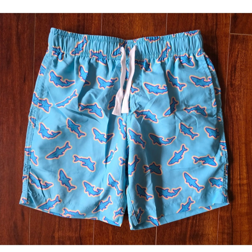Boys Blue Shark Print Swim Trunks Elastic Waist Mesh Lined Water Shorts Size 8T